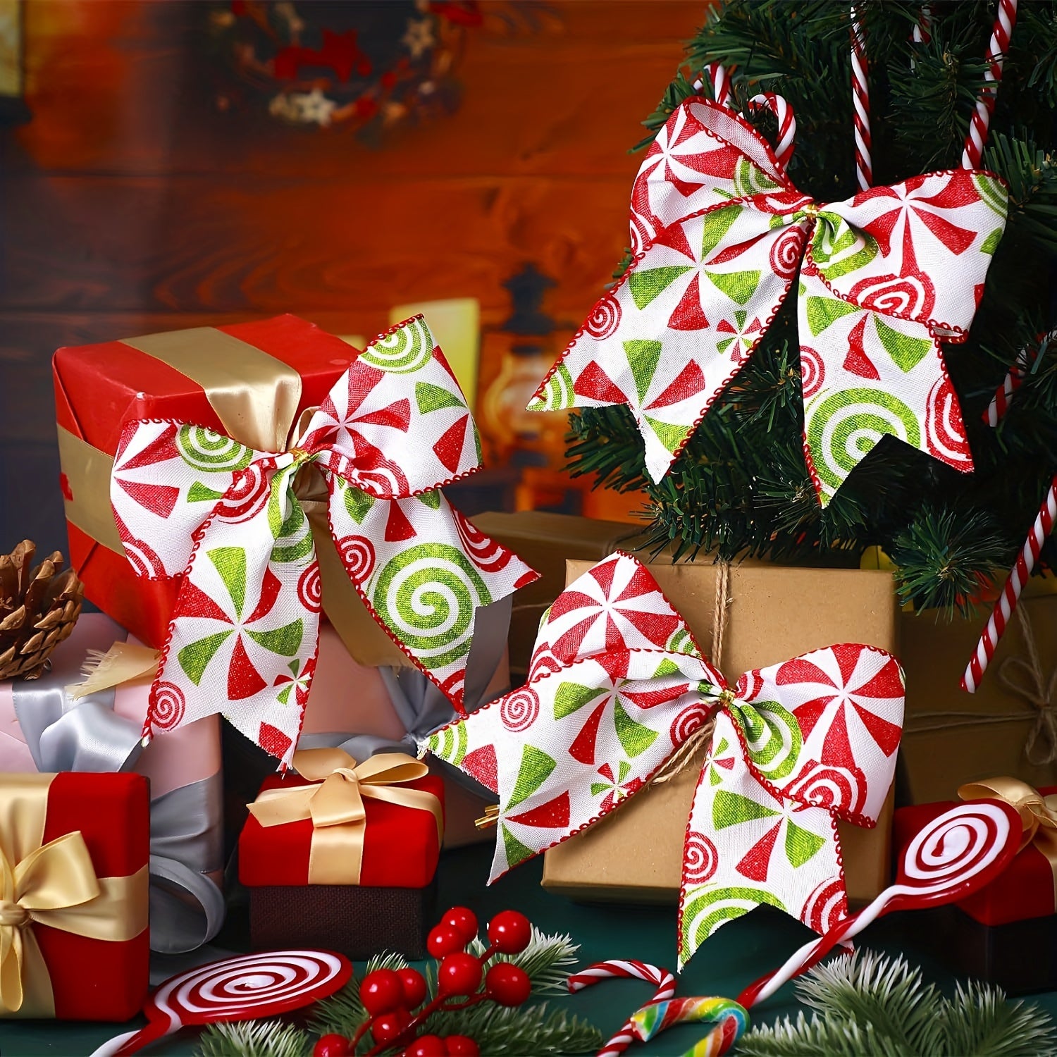 12pcs Christmas Candy Bows 15 24 Cm Red Green Candy Bows Xmas Tie Bows
