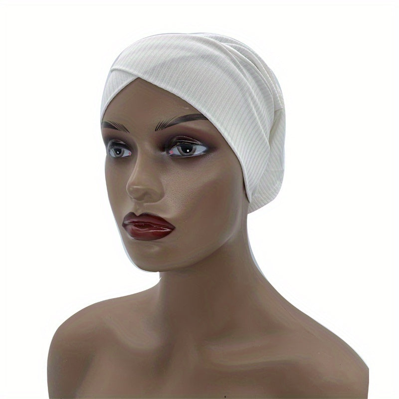 Solid Elastic Hijab Underscarf Soft Ribbed Striped Head Wrap For Women
