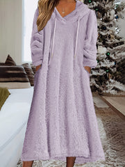  Solid Fleece Long Sleeve Hooded Dress