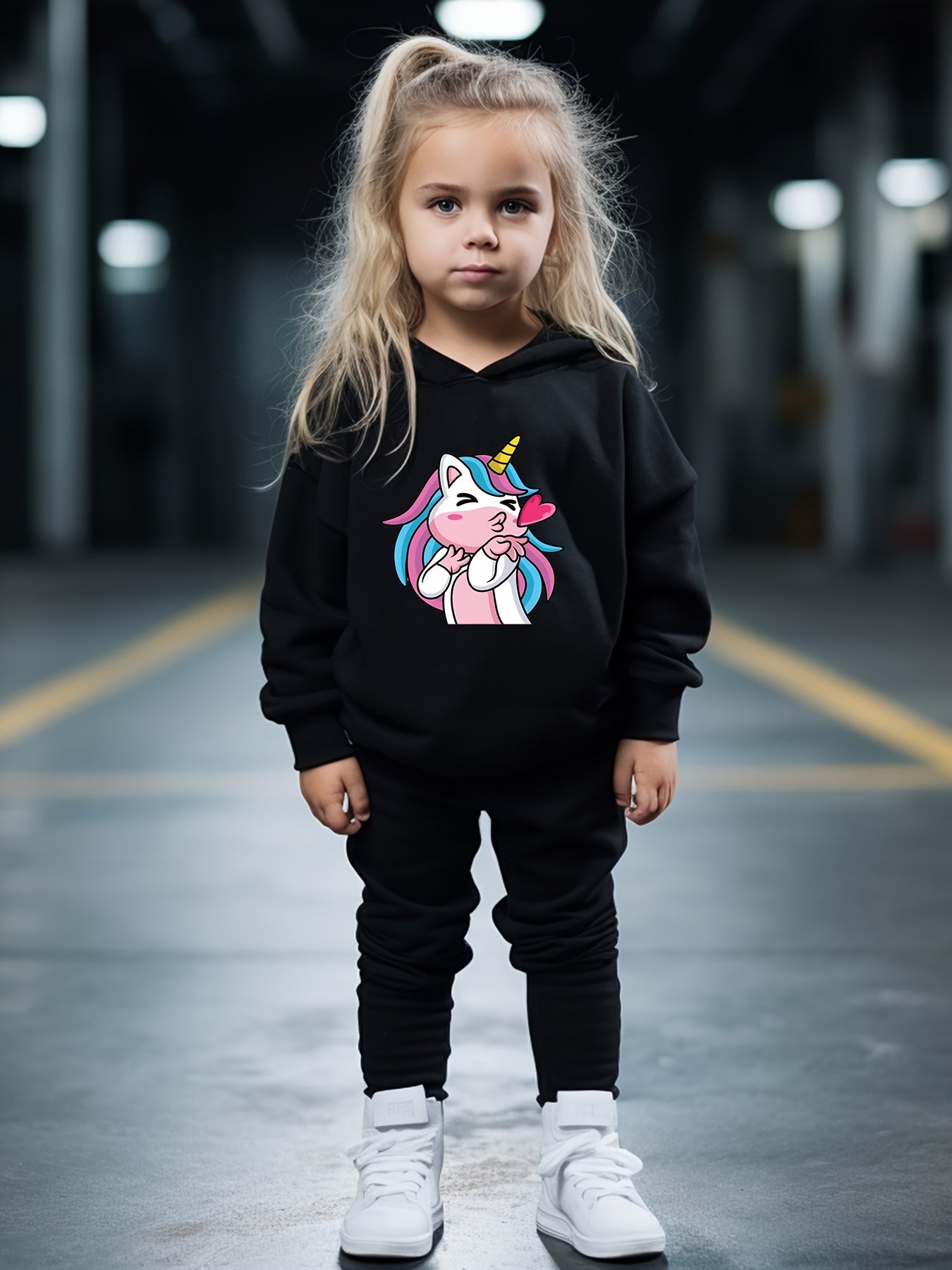 OERYUI Naughty Unicorn Print Hooded Pullover Pants Set For Sports