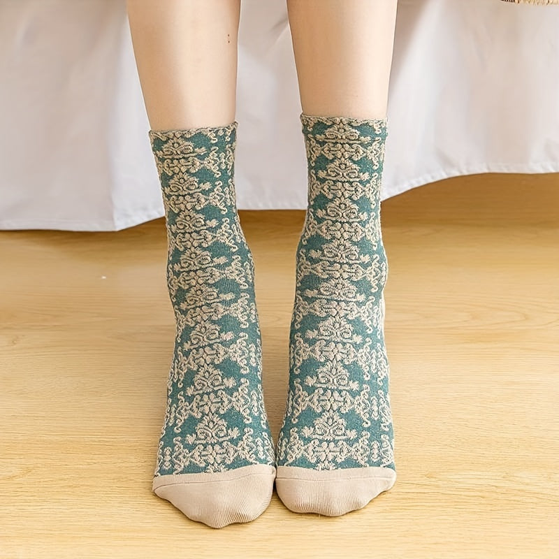5 Pairs Floral Print Socks Ethnic Style Crew Socks Women's Stockings