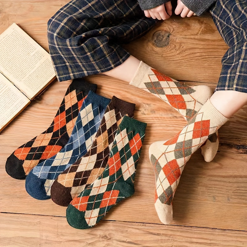 5 Pairs Argyle Crew Socks for Women