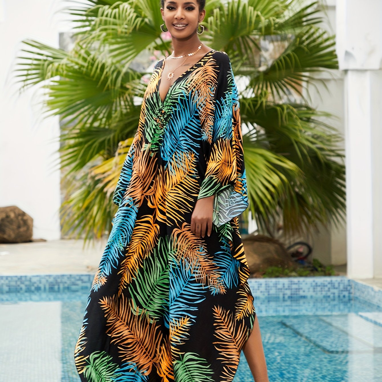  Boho Tropical Print Kaftan Dress V Neck Split Maxi Beach Dress