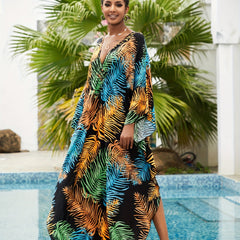  Boho Tropical Print Kaftan Dress V Neck Split Maxi Beach Dress