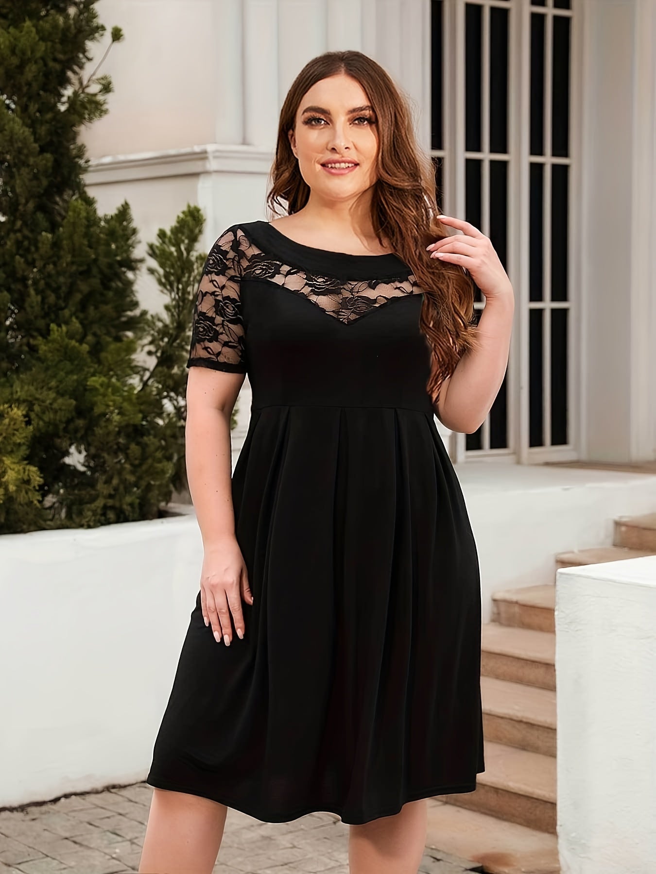  Floral Jacquard Lace Sleeve Dress
