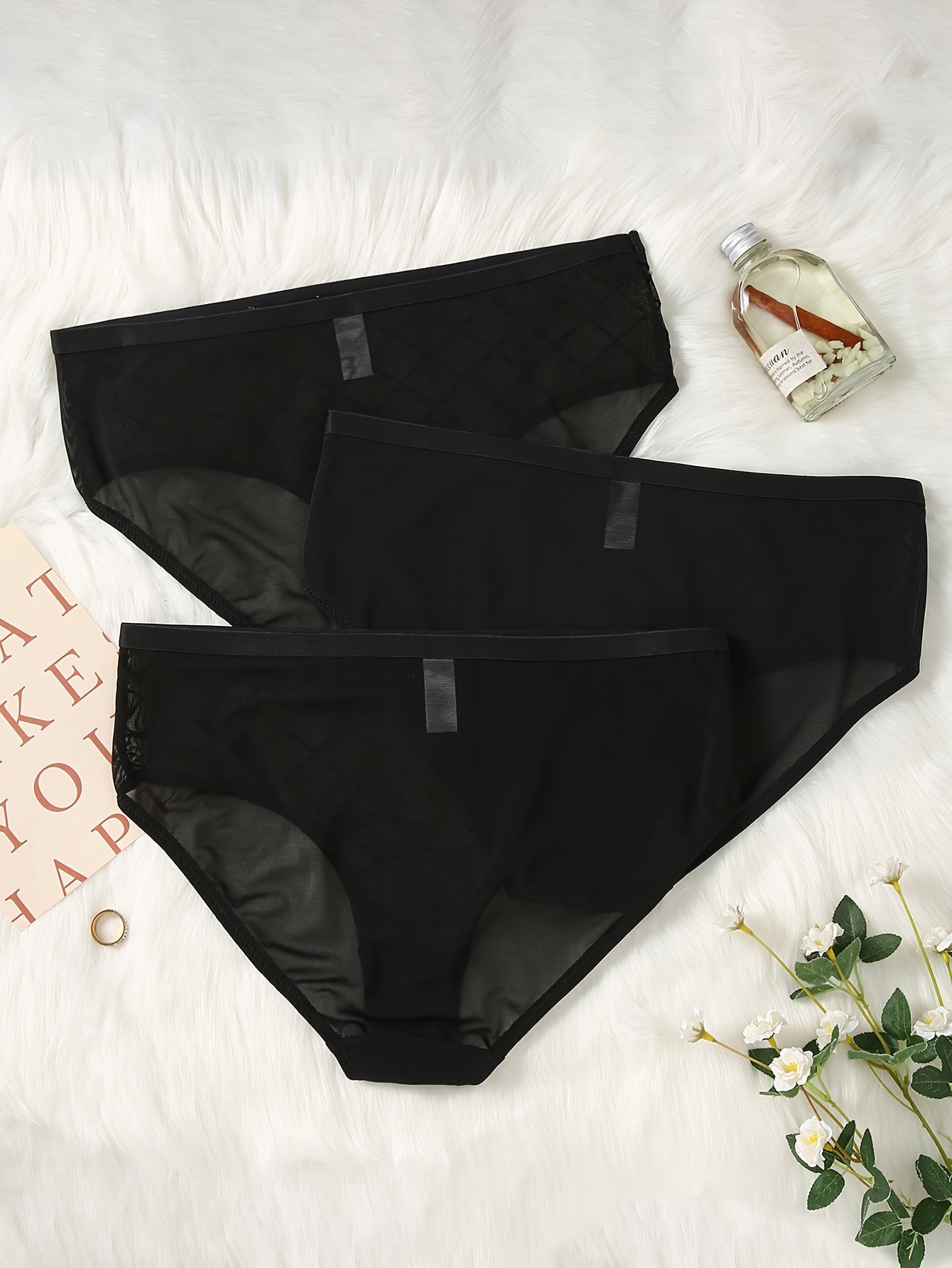 3 Pack Plus Size Romantic Panties Set Women's Plus Argyle Pattern Mesh Panties