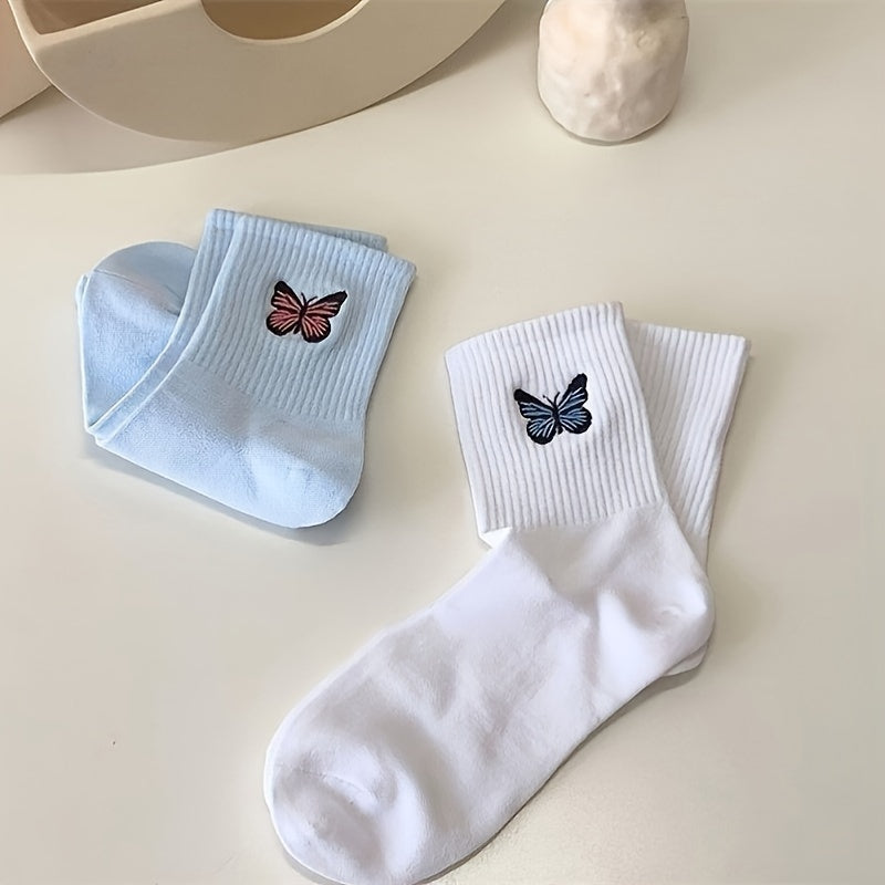 Butterfly Embroidery Socks, Women's Mid Tube Stockings