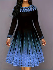  Women's Geo & Ombre Print Long Sleeve Round Neck A line Formal Dress