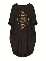 Women's Plus Moon & Sun Print Roll Up Sleeve Round Neck Tunic Dress