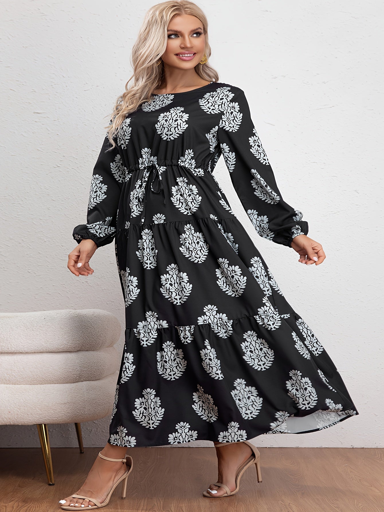  Casual Dress Women's Plus Floral Print Long Sleeve