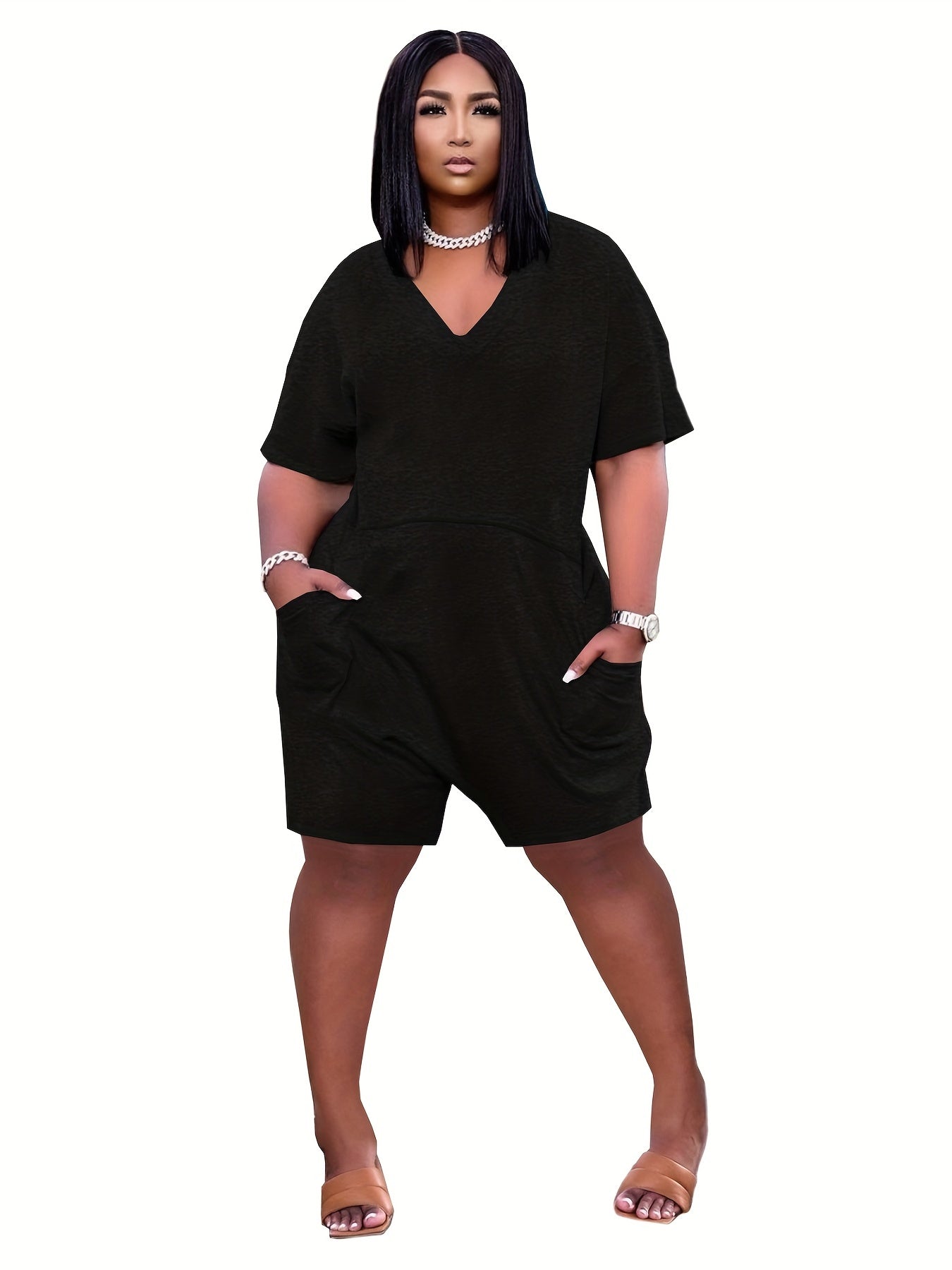 V Neck Romper Jumpsuit Casual Short Sleeve Romper Jumpsuit