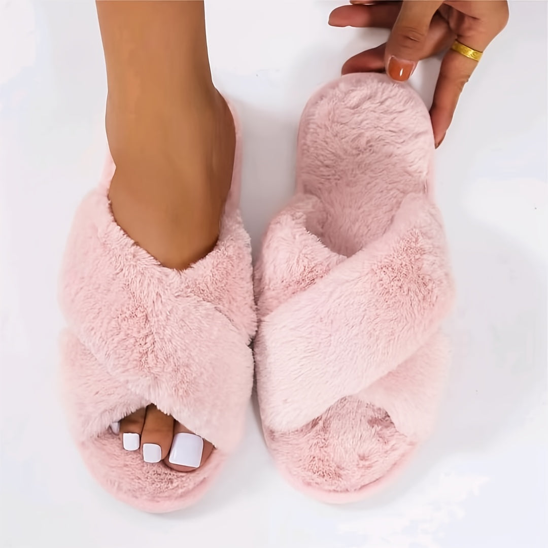Women's Plush Criss Cross House Slippers Warm Fuzzy Fluffy Open Toe Home Slides