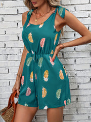 Feather Print Tie Strap Romper Jumpsuit Casual Sleeveless Romper