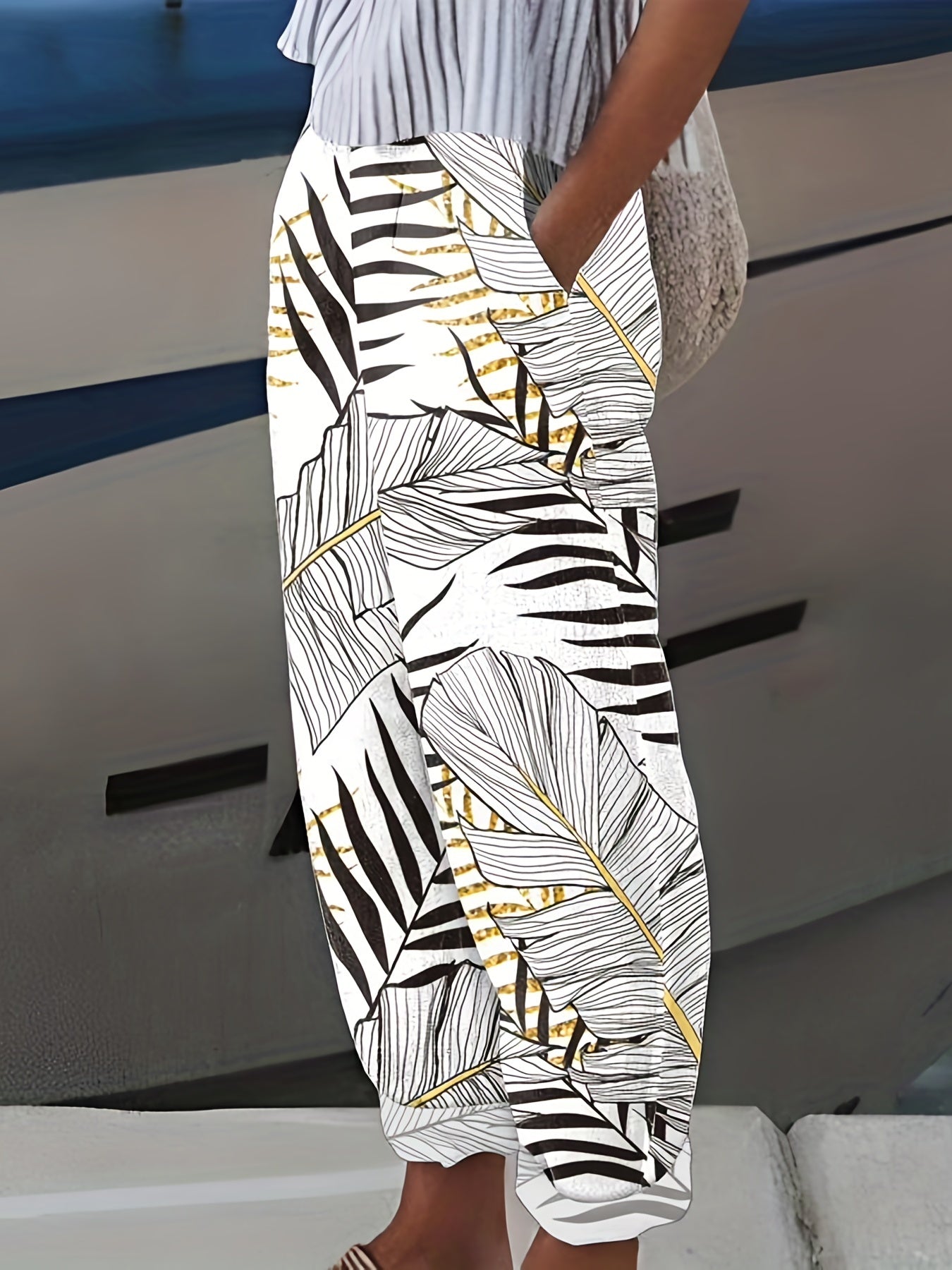 Marble Print Elastic Waist Pants Long Length