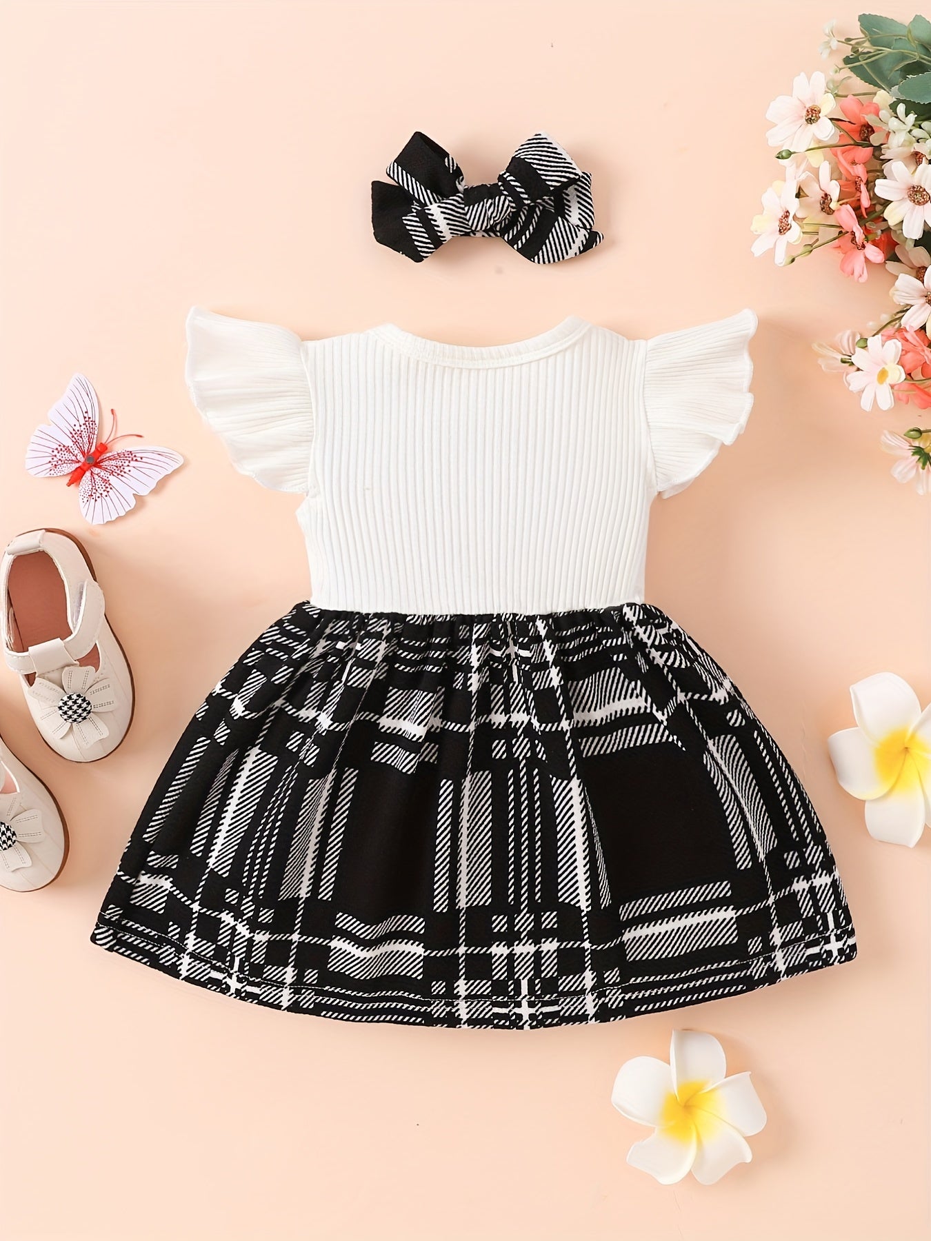 2pcs Baby Girls Splicing Suspender Dress Bow Plaid Dress Set