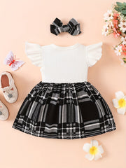 2pcs Baby Girls Splicing Suspender Dress Bow Plaid Dress Set