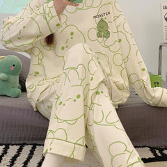 Dino Print Pajama Set Long Sleeve Top & Pants Women's Sleepwear