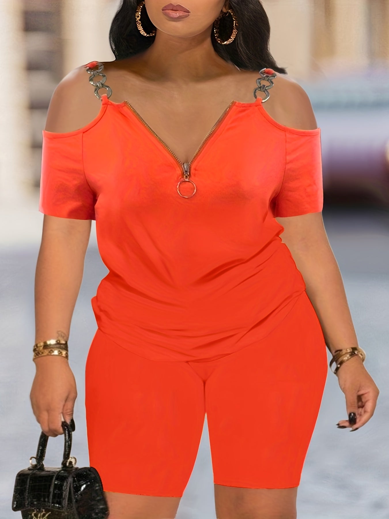 Cold Shoulder T shirt & Skinny Shorts Set for Women