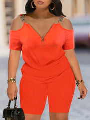 Cold Shoulder T shirt & Skinny Shorts Set for Women