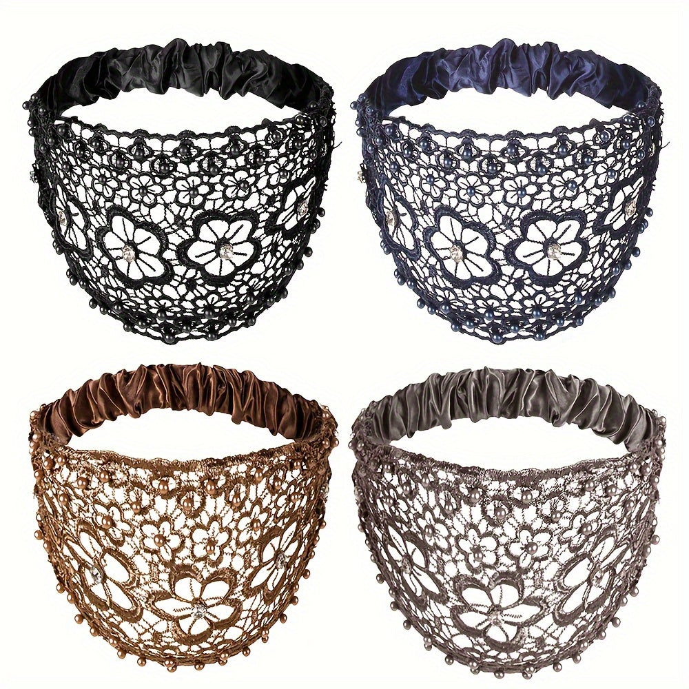 Hollow Lace Flower Pattern Headband Faux Pearl Charms Stretch Headband