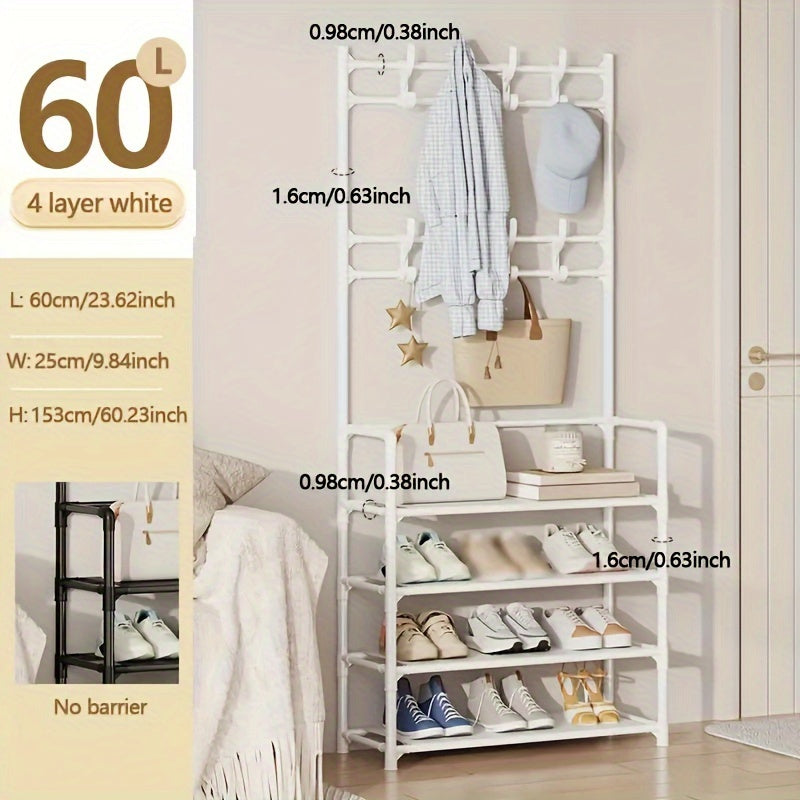 1pc Shoe Storage Rack With Clothes Shelf & Hooks - Space Saving