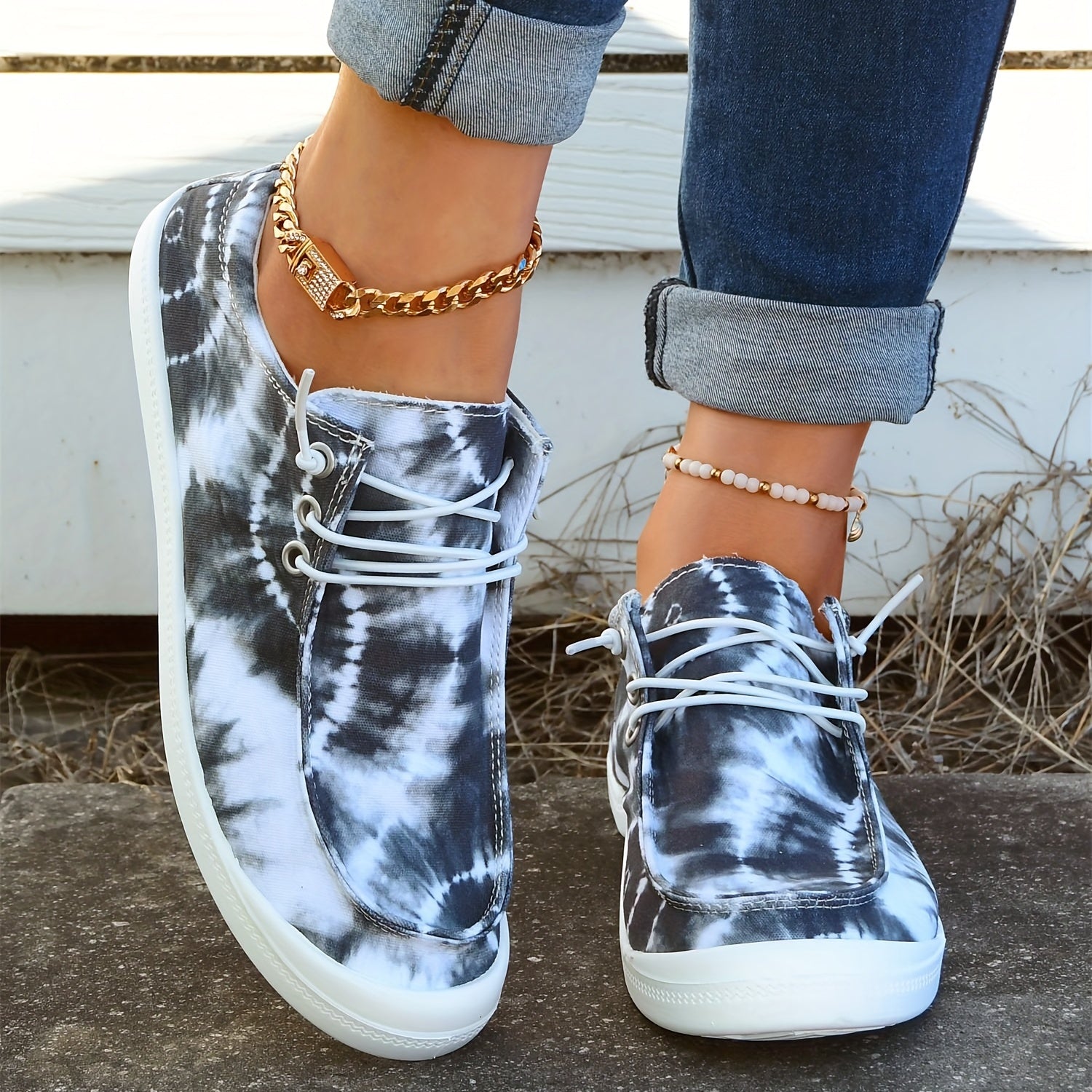 Women's Tie Dye Canvas Shoes Round Toe Lace Up Comfy Slip On Shoes