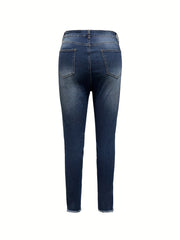  Colorblock Floral Print Ripped Button Fly Skinny Jeans