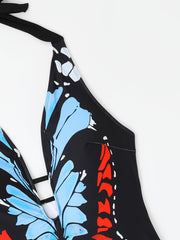  Butterfly Print Halter One Piece Swimsuit
