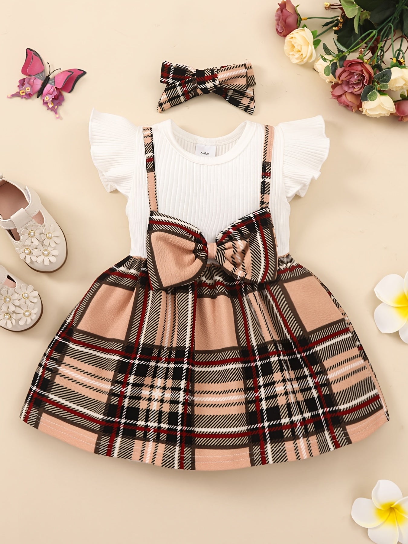 2pcs Baby Girls Splicing Suspender Dress Bow Plaid Dress Set