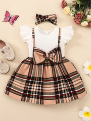 2pcs Baby Girls Splicing Suspender Dress Bow Plaid Dress Set