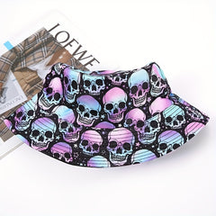 Purple Skull Print Bucket Hat Halloween Fisherman Cap
