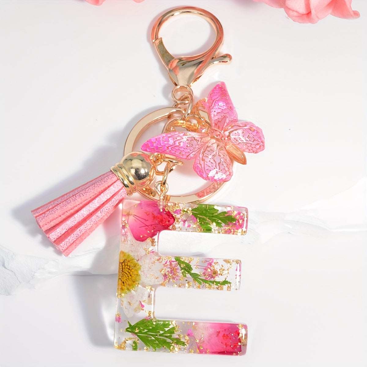 Initial Letter Keychain Dried Flower Butterfly Charm Gift