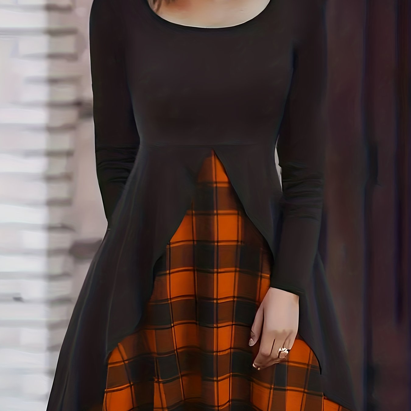  Colorblock Plaid Print Round Neck Midi Dress