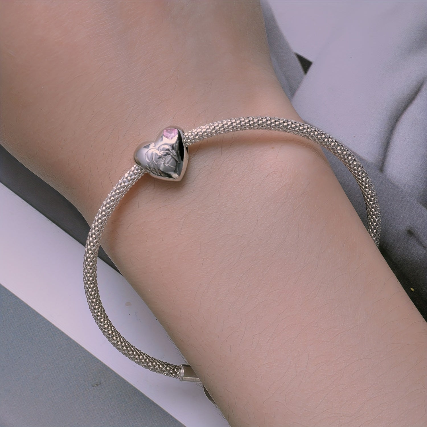 925 Silver Mother Daughter Kissing Pink Heart Bracelet Charm