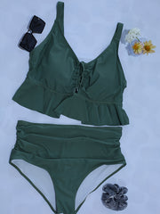  Lace Ruffle Trim Crop Cami Top & Panty Swimsuit Set