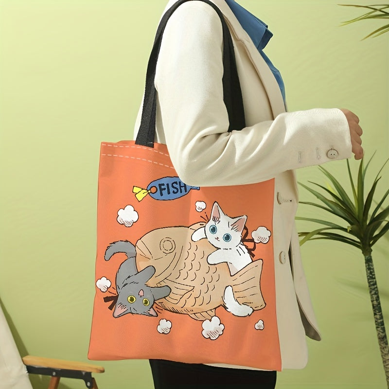 Cat And Fish Print Canvas Tote Bag Large Travel Beach Shoulder Bag