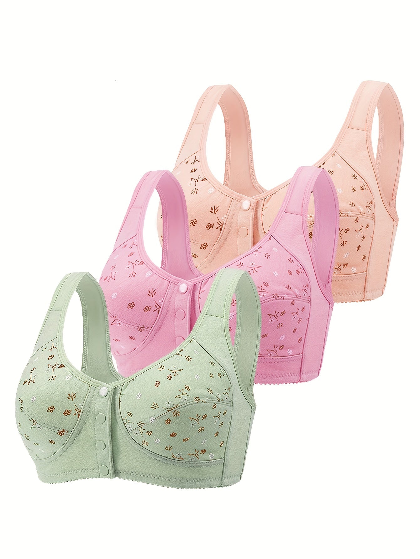 3 Floral Wireless Bras Front Buckle Comfy Lingerie