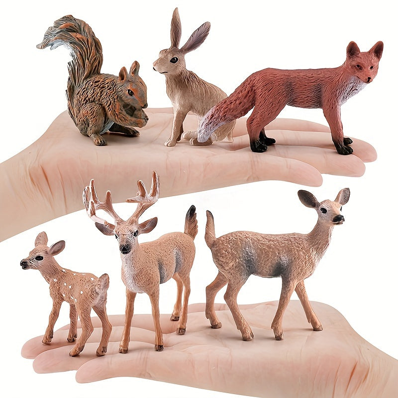 6pcs PVC Animal Set: Deer, Fox, Squirrel, Rabbit, Reindeer Desktop Ornament