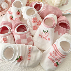 Peach & Floral Print Ankle Socks Women's Stockings