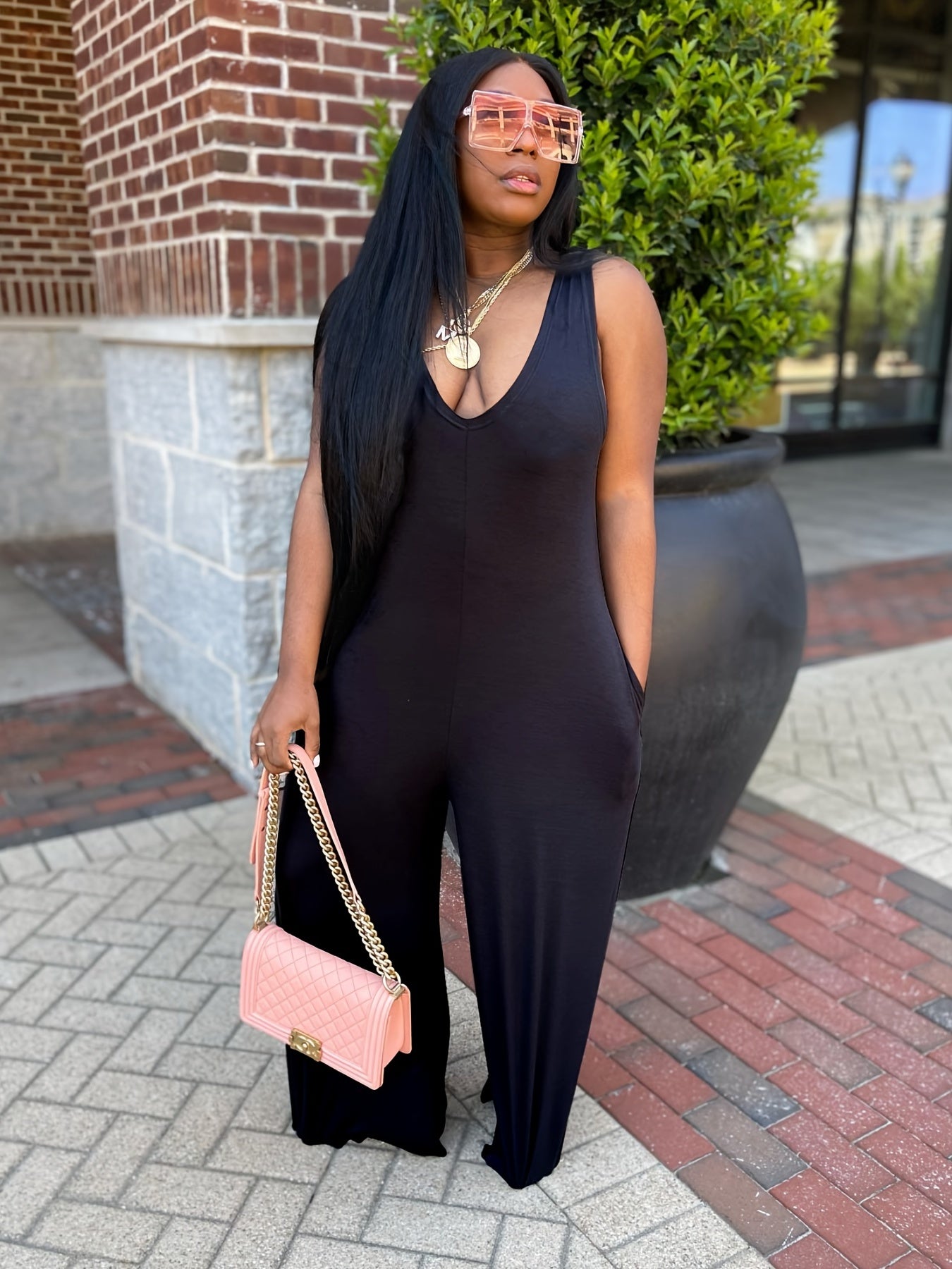 Solid Square Neck Sleeveless Jumpsuit Casual Street Bodycon Jumpsuit