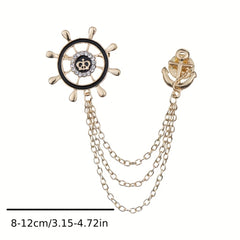 Men's Crystal Rhinestone Brooch Collar Pin Rudder Anchor Shirt Buckle