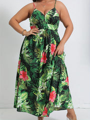  Boho Dress Women's Plus Tropical Print V Neck Nipped Waist Pleated Cam