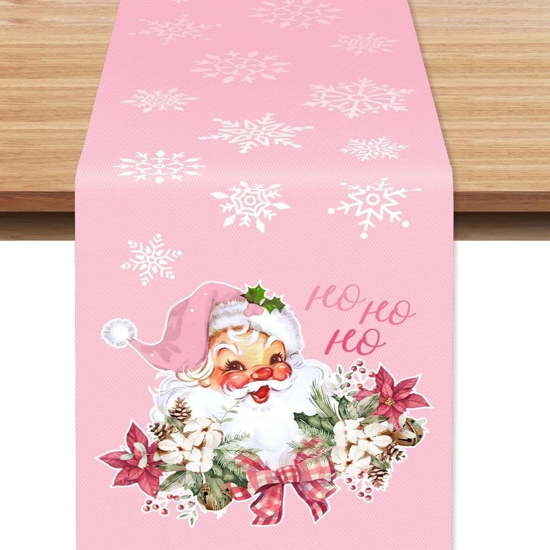 Pink Xmas Table Runner Santa Claus Snowflake Pattern