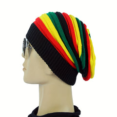 Multicolour Knit Beanie Rainbow Striped Oversize Baggy Hat Slouch Cap