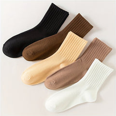 5 Pairs Soft Solid Mid Tube Socks Women's Stockings