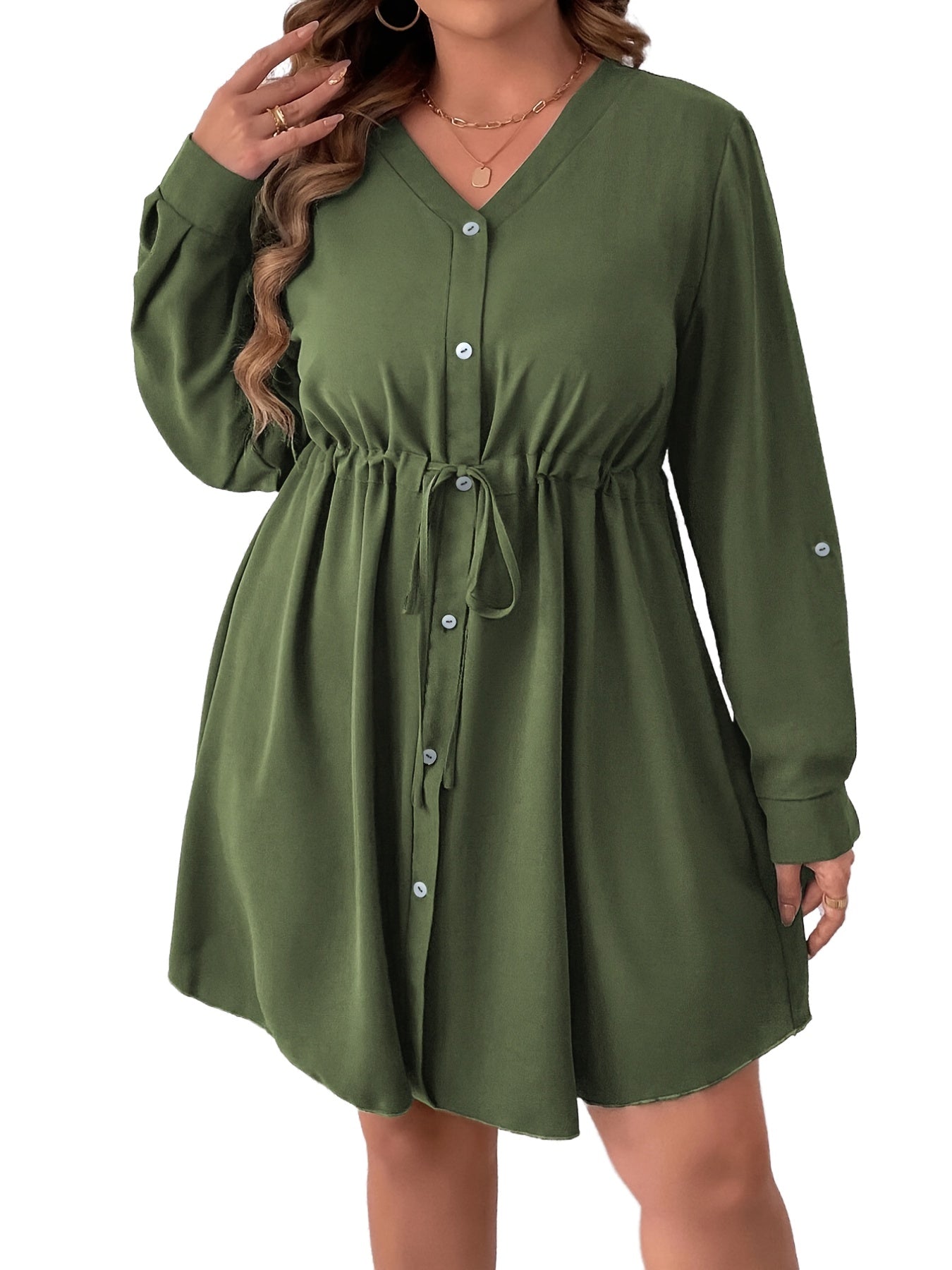  Button Front Long Sleeve Midi Dress Women's Plus