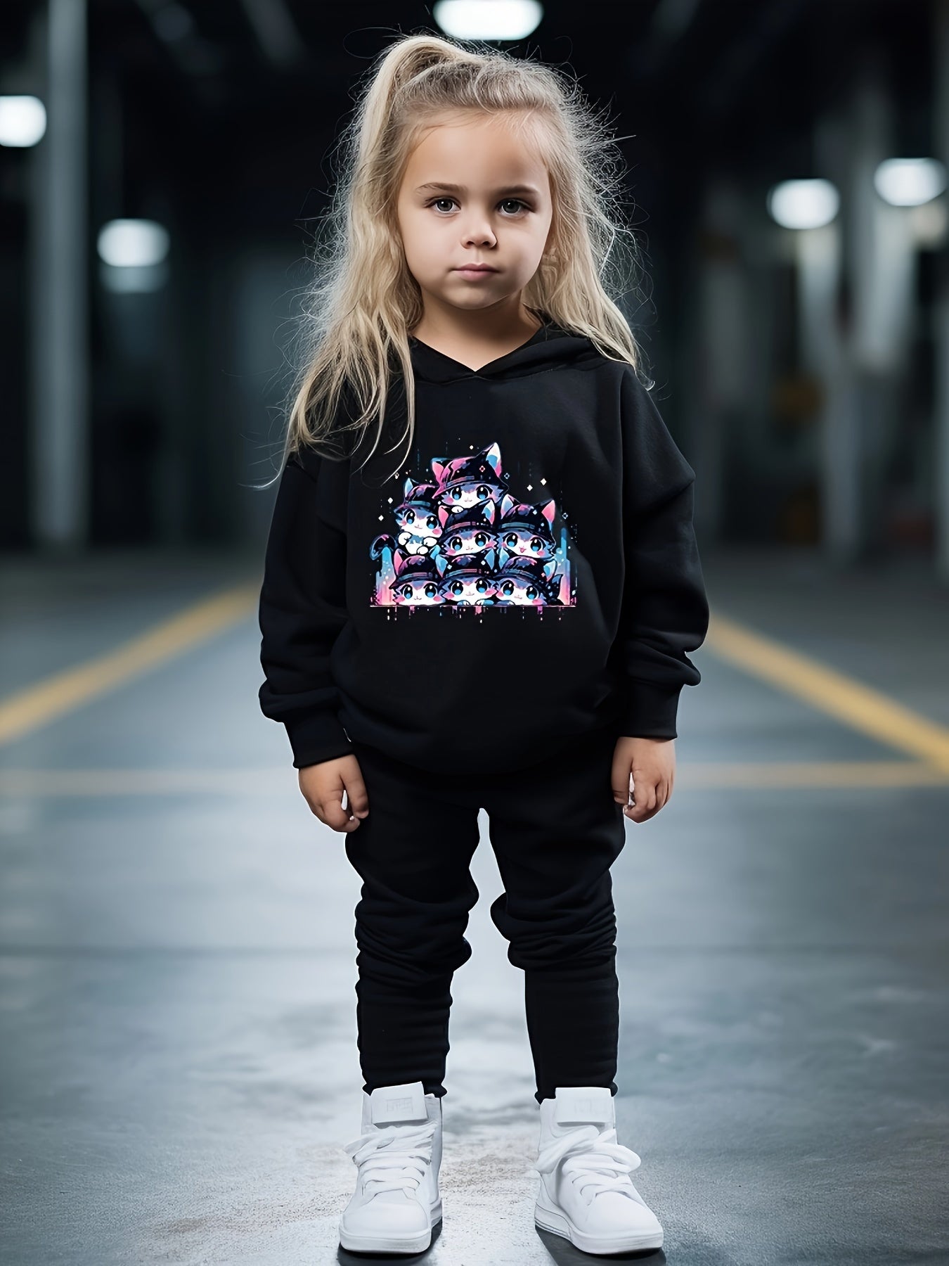 Disco Kitty Print Girls Hoodies Jogger Pants Set for Sports Spring Fall