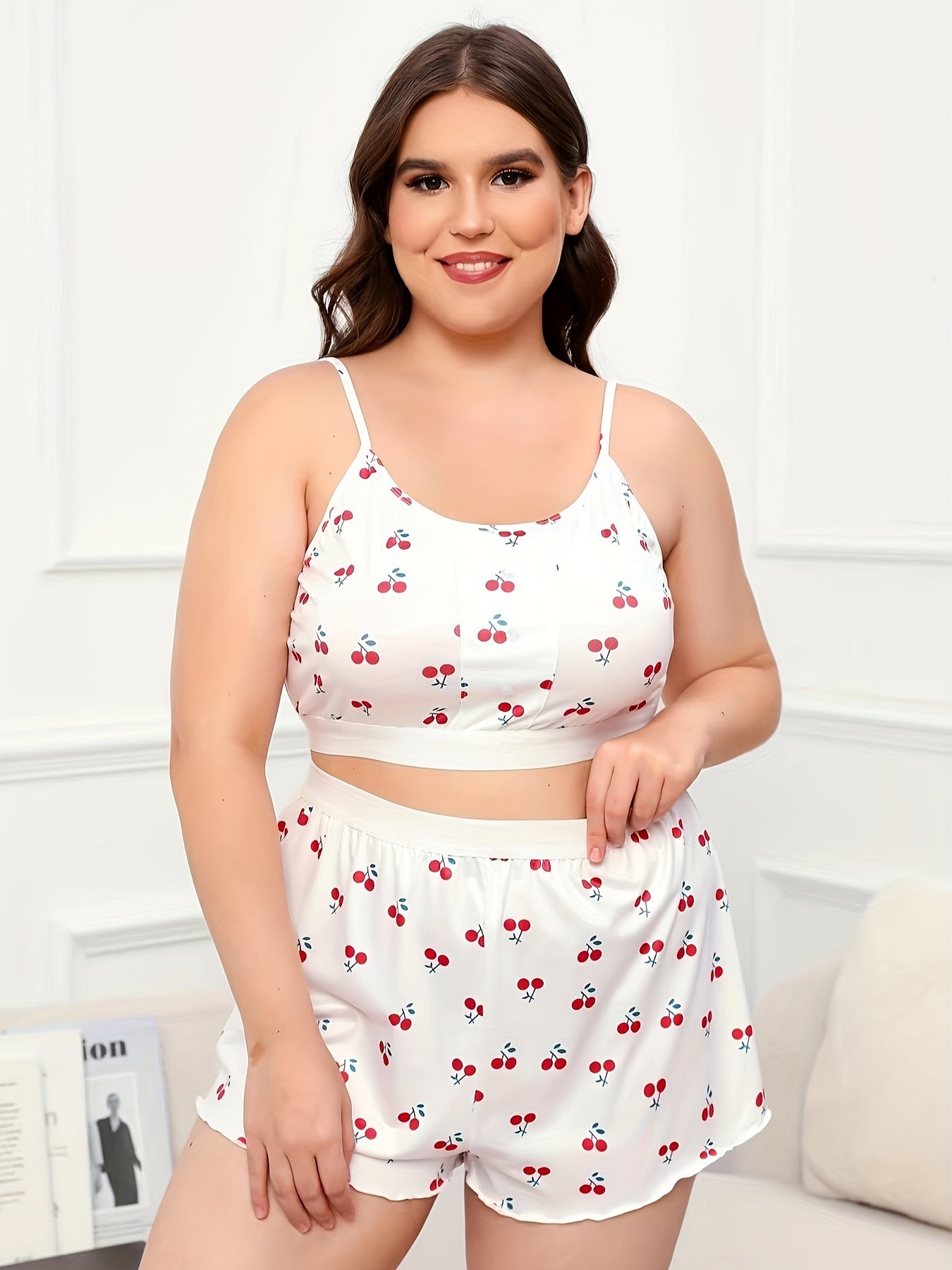  Cherry Print Crop Cami Top & Shorts Loungewear Set