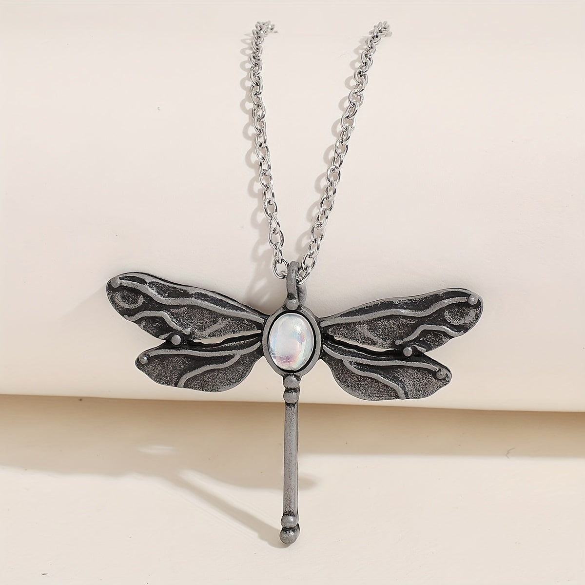 Vintage Dragonfly Pendant Moonstone Necklace Animal Jewelry