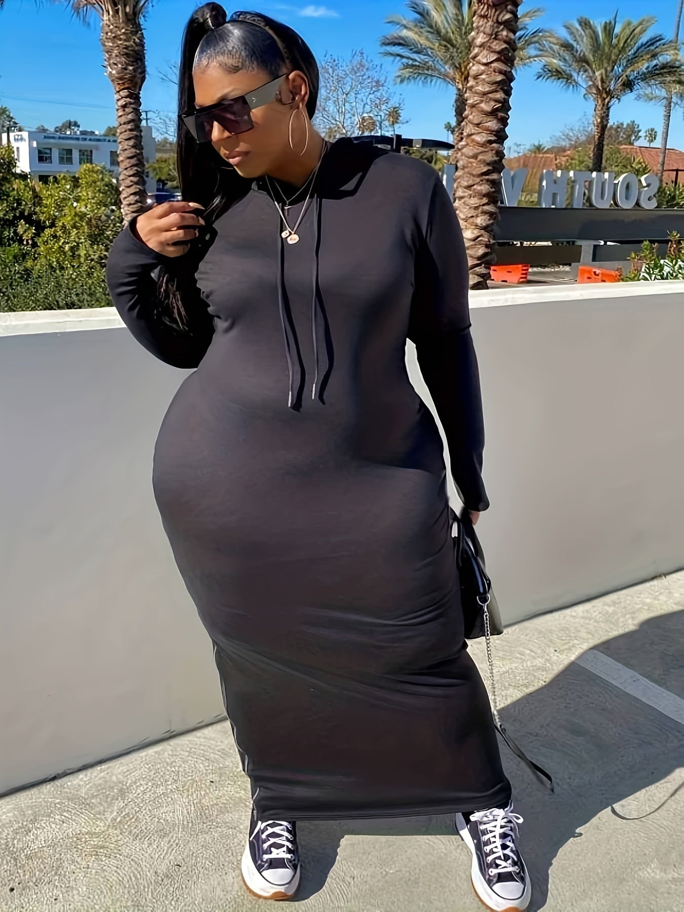  Solid Long Sleeve Sweatshirt Dress with Drawstring Split